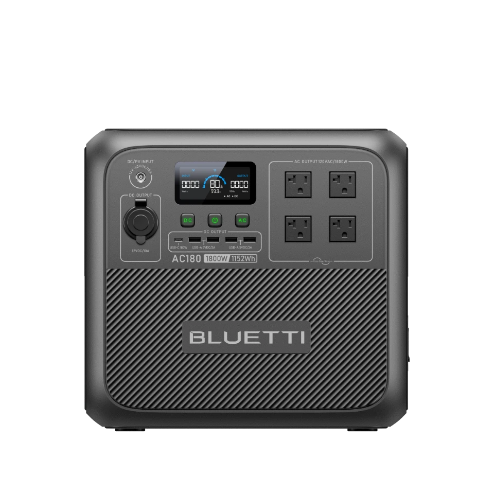 BLUETTI AC180 front panel and US AC outlets in official manufacturer image