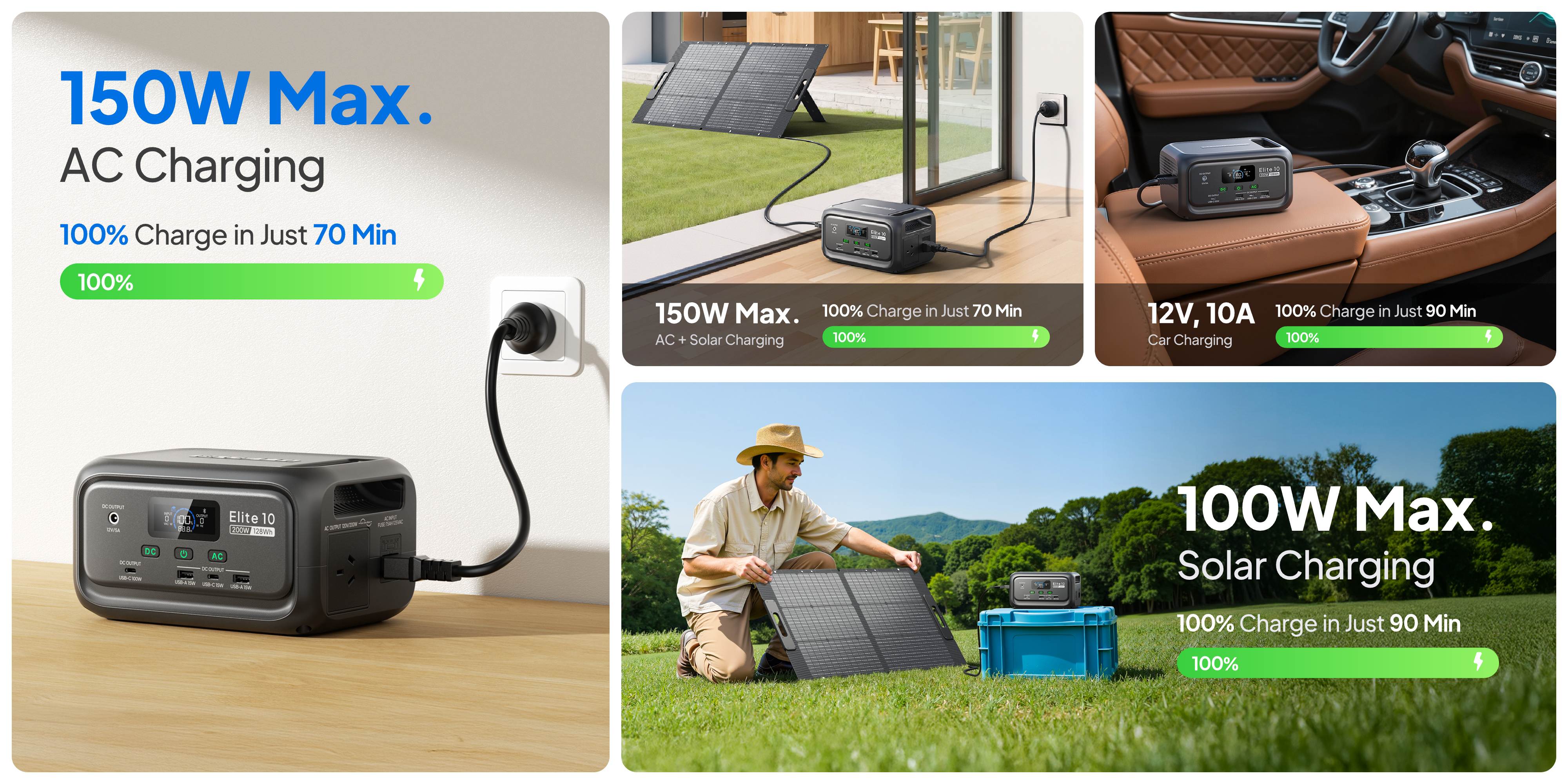 BLUETTI Elite 10 Mini Power Station supports 4 fast charging methods for ultimate flexibility wherever you go.