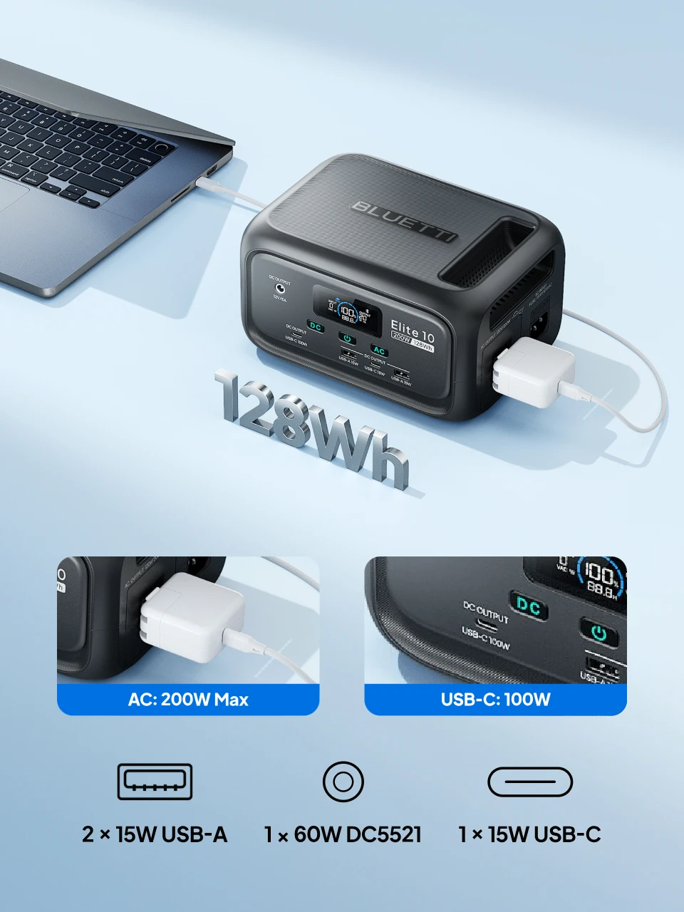 BLUETTI Elite 10 Mini Power Station AC 200W Max USB-C 100W Max
