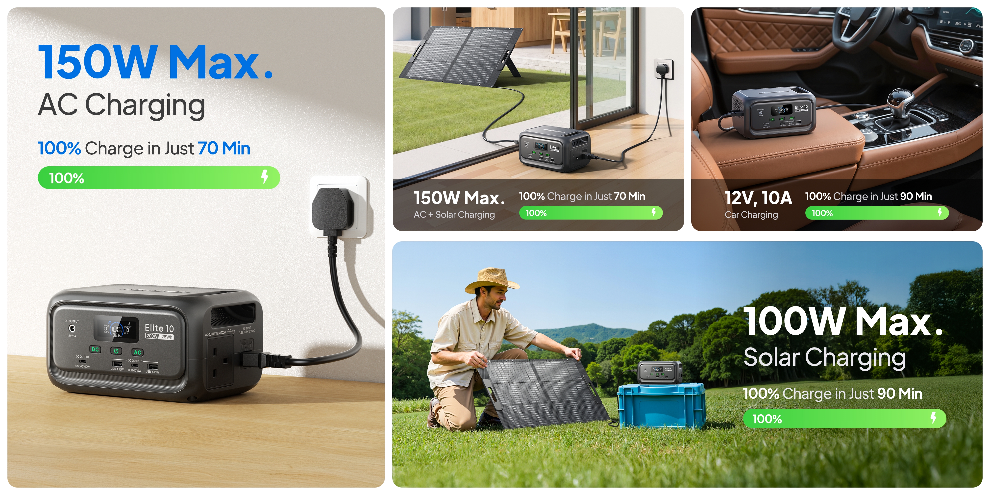 BLUETTI Elite 10 Mini Power Station supports 4 fast charging methods for ultimate flexibility wherever you go.