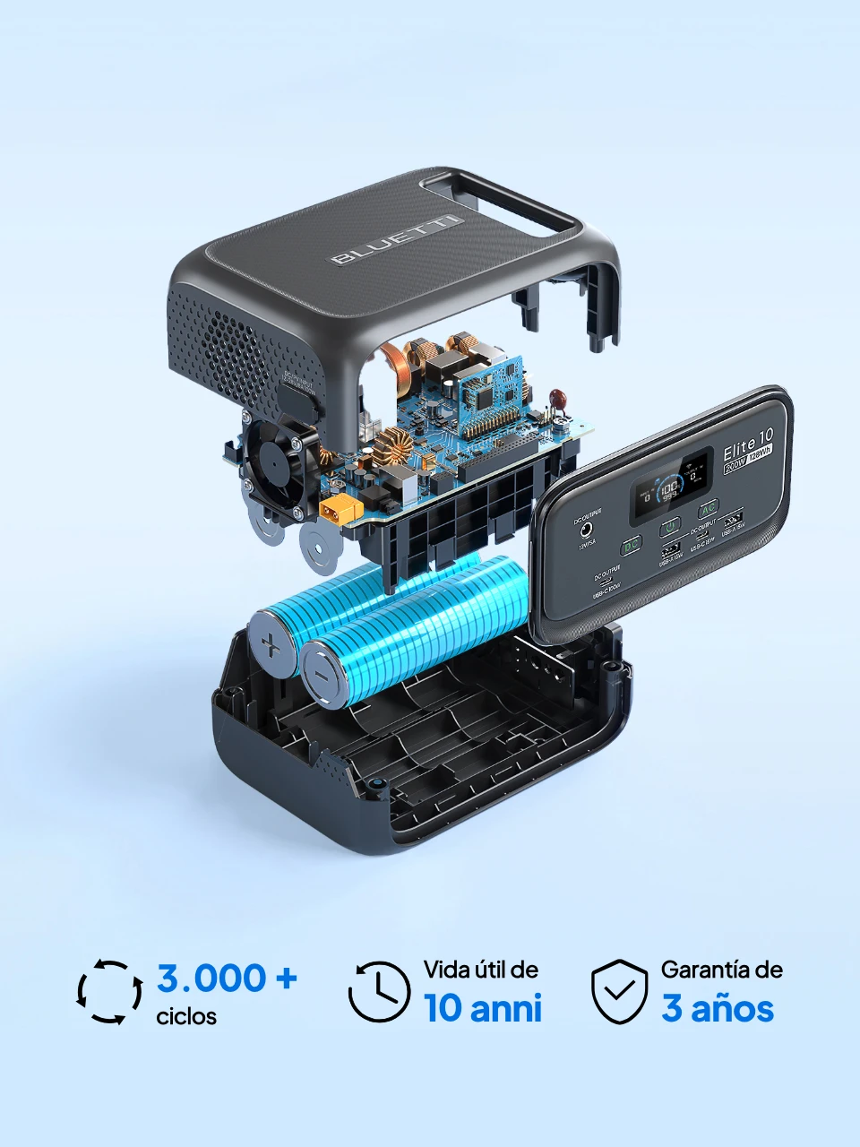 Estación de energía mini BLUETTI Elite 10 con 3000 ciclos, una vida útil de 10 años y una garantía de 3 años.