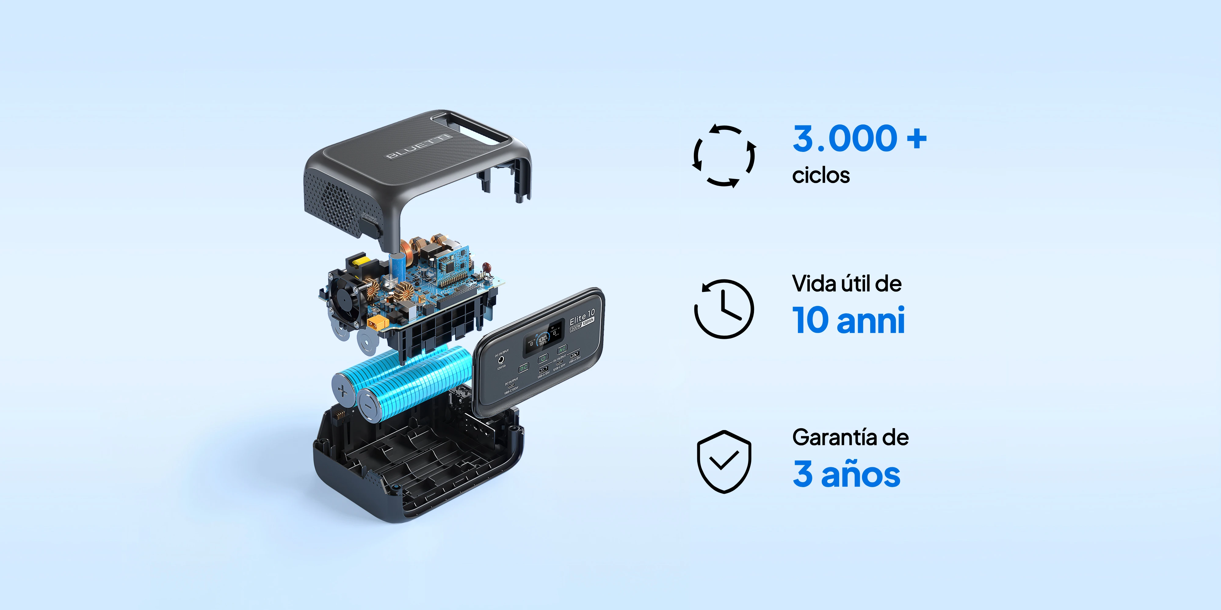Estación de energía mini BLUETTI Elite 10 con 3000 ciclos, una vida útil de 10 años y una garantía de 3 años.
