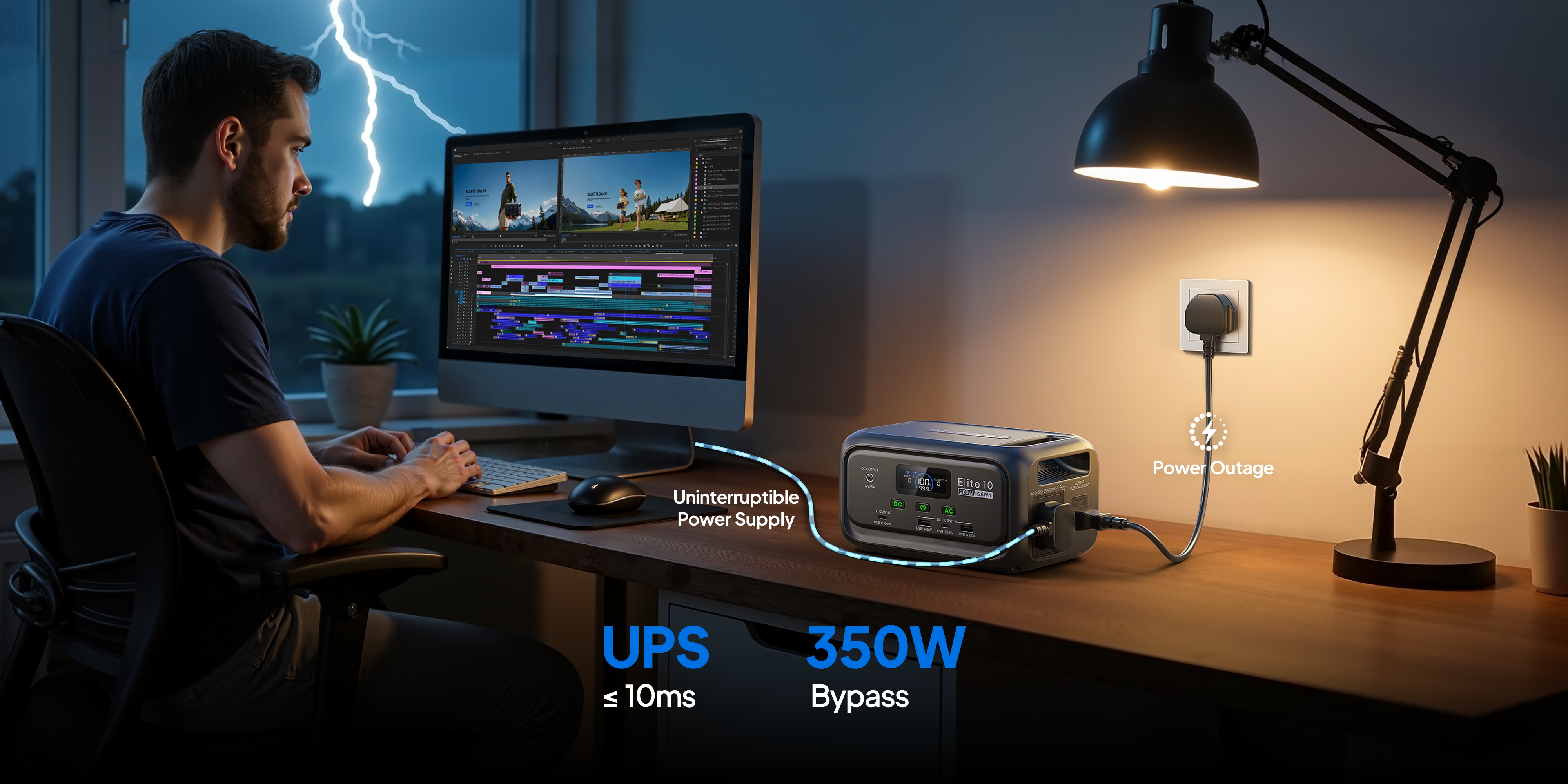 BLUETTI Elite 10 Mini Power Station with under 10ms transfer time and 350W bypass, faster than the 30ms average.